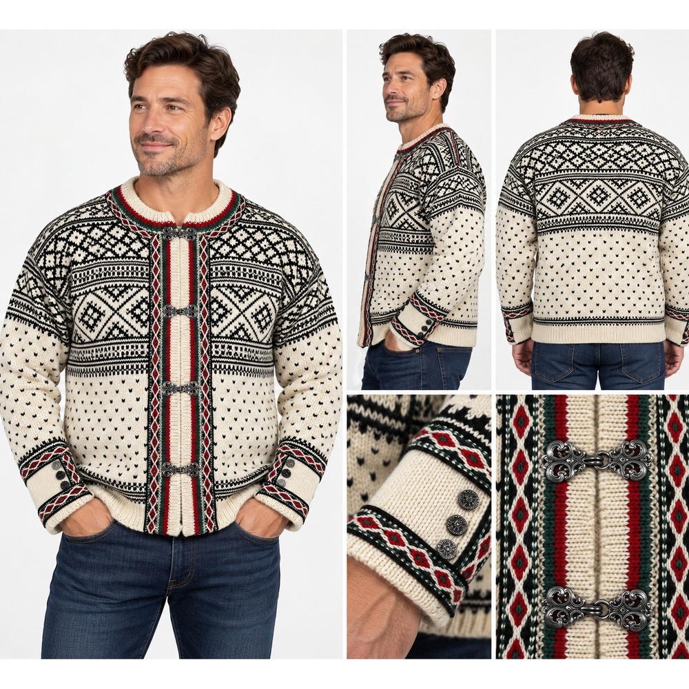 Dale of Norway Mens Wool Cardigan Sweater Nordic Fair Isle Pewter Clasp Cream L